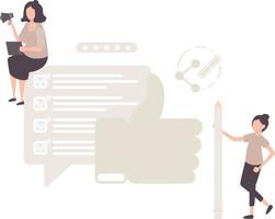 There are two girls ,one standing with pencil and other sitting with a megaphone to annouce something. vector