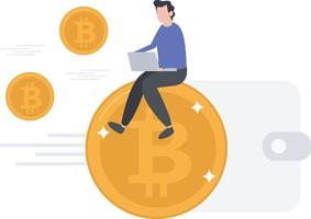 A boy sitting on a bitcoin and working on laptop. vector