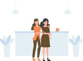 There are two girls standing near a one cup of coffee. vector