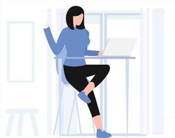 The girl sit on table and doing remote working. vector