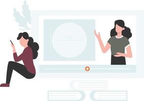 There are two girls.one sitting and using mobile phone.and the other one teaching online. vector