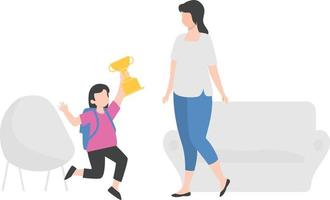 A kid taking up a trophy toward his mother and the mother standing near the sofa. vector