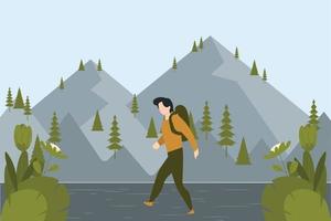 A boy going for camping with a carry bag. vector