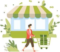 a man going with a trolley for shopping in store. vector