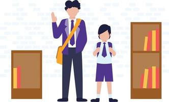 A student and a teacher standing in the library. vector