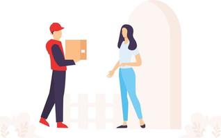 a delivery boy holding a parcel deliver to a girl coming from his home . vector