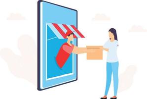 girl holding the parcel from online delivery . vector