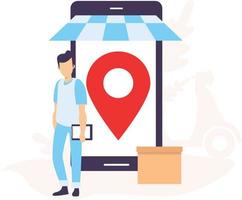 boy finding the location on mobile phone of online order parcel. vector