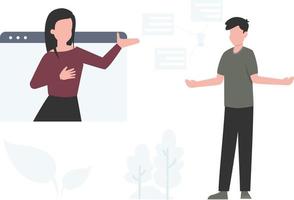 A boy is standing and a girl is on webpage and teach to the boy. vector