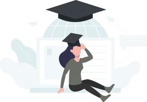 A girl is sitting and taking the online classes . vector