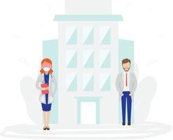 A female doctor and a man standing outside the hospital. vector