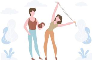 A boy and a girl doing exercise for fitness. vector