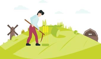 A boy with a scythe doing work in a farm or a agricultural land. vector