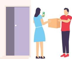 girl holding the cash in one hand and taking the parcel from second hand by delivery boy . vector