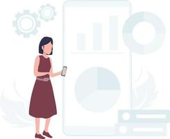 A  girl standing and using mobile phone .there is charts bars and graph on mobile. vector