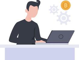 un hombre que trabaja en una computadora portátil trabajando en criptomonedas. vector