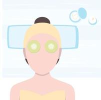 A girl with a face mask and cucumber on her eyes lay down in a salon. vector