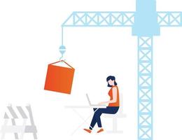 A girl doing work on laptop under construction land. vector