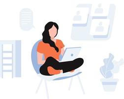 A girl sit on chair doing work on her laptop vector