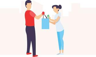 delivery boy holding the bag giving to the lady and the lady holding cash to pay the delivery boy . vector