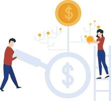 A boy with a dollar search and a girl with a dollar coin standing on a ladder . vector