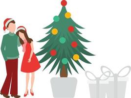 una pareja de pie cerca del árbol de navidad y regalos en navidad. vector