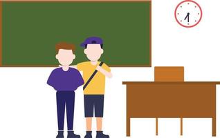 There are two students standing in the classroom. vector