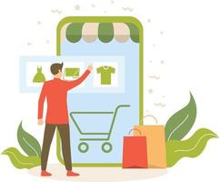 un hombre que hace compras en línea y selecciona cosas para ponerse y vestirse. vector