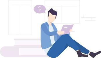 A male student is sitting and trying to learn. vector