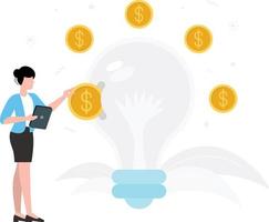 A girl putting coin into idea bulb. vector