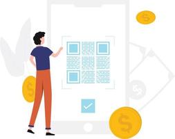 A boy with QR code in mobile phone. vector