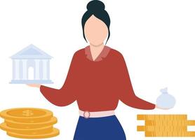 A girl with a bank in her one hand and dollar bag in other hand standing near some dollar coins. vector