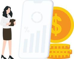 A girl seeing dollar chart on mobile. vector