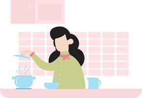 A female chef cook something in the kitchen . vector