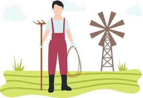 A man with a pitchfork and a rope standing in a farm. vector