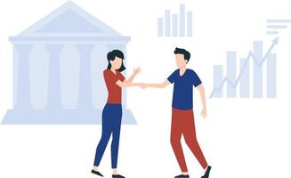 A girl and a boy shake their hands outside the bank. vector