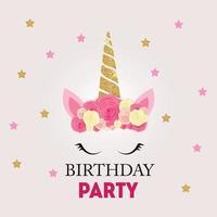 Birthday party invitation with cute unicorn and flower. Vector Illustration