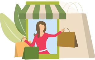 girl with carry bags doing online shopping . vector