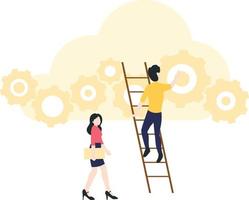 A man on a ladder doing cloud setting. vector