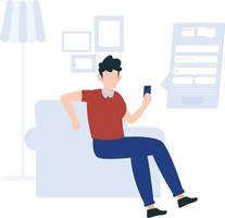 A boy sitting on a couch and using mobile phone . vector