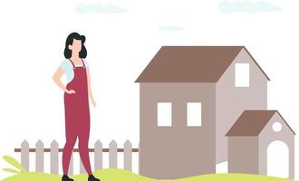 Female gardener standing near a house. vector