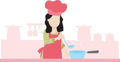 A lady with a hot pan and spatula cook something in the kitchen. vector