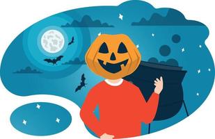 A boy with pumpkin face standing near a cauldron. vector