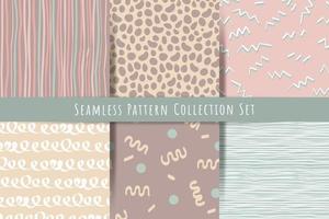 A set of simple minimalistic summer, spring seamless patterns. Gentle hand draw ornaments with lines, drops, hearts, shapes for prints, wallpapers, textiles. Vector graphics.