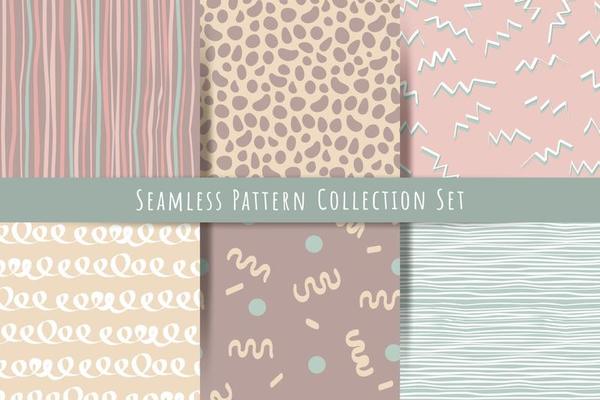 A set of simple minimalistic summer, spring seamless patterns. Gentle hand draw ornaments with lines, drops, hearts, shapes for prints, wallpapers, textiles. Vector graphics.