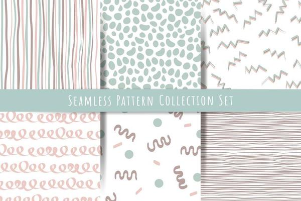 A set of simple minimalistic summer, spring seamless patterns. Gentle hand draw ornaments with lines, drops, hearts, shapes for prints, wallpapers, textiles. Vector graphics.