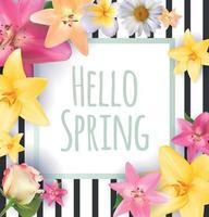 Hello Spring Banner Greetings Design  Background with Colorful Flower Elements. Vector illustration