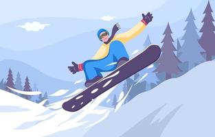 hombre jugando snowboard en temporada de invierno vector