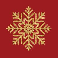 Copo de nieve de textura de oro brillo aislado sobre fondo rojo. vector