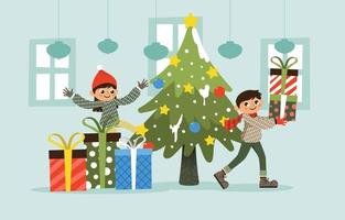 fiesta de navidad para niños con caja de regalo y árbol de navidad vector